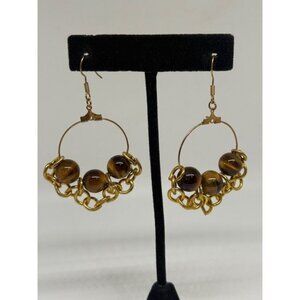 Gold Tone Hoop and Chain Tigers Eye French Hook Dangle Earrings